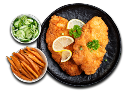 Meister-Schnitzel mit S&uuml;&szlig;kartoffel Fries